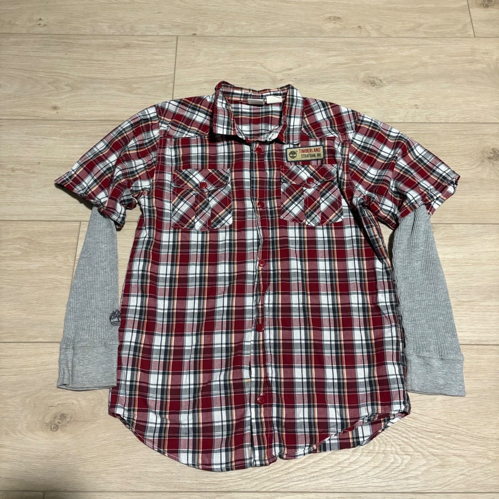 Timberland Mens Red Plaid Flannel Layered Thermal Long Sleeve Shirt Size Large